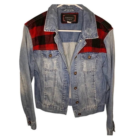 Forever 21 Buffalo Plaid Distressed Denim Jacket - Picture 1 of 4